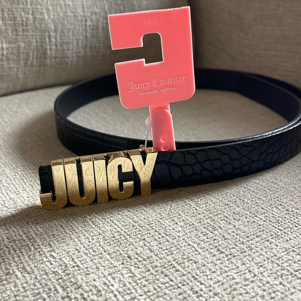 Juicy Couture Black Belt with Gold Logo Buckle Sz M/L New